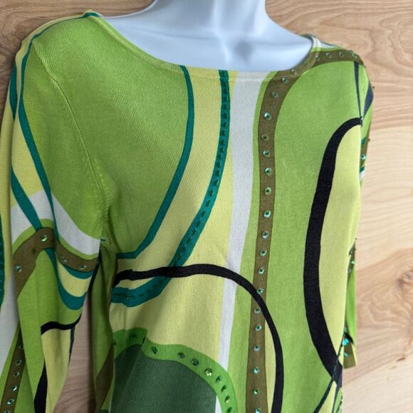 Vintage 70s Green Silk Abstract Sequin Beaded Shirt S - Picture 2 of 6